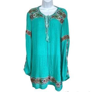 Green Gauzy Boho Peasant Top Tunic Blouse S/M Cottagecore Prairie Summer Flowy